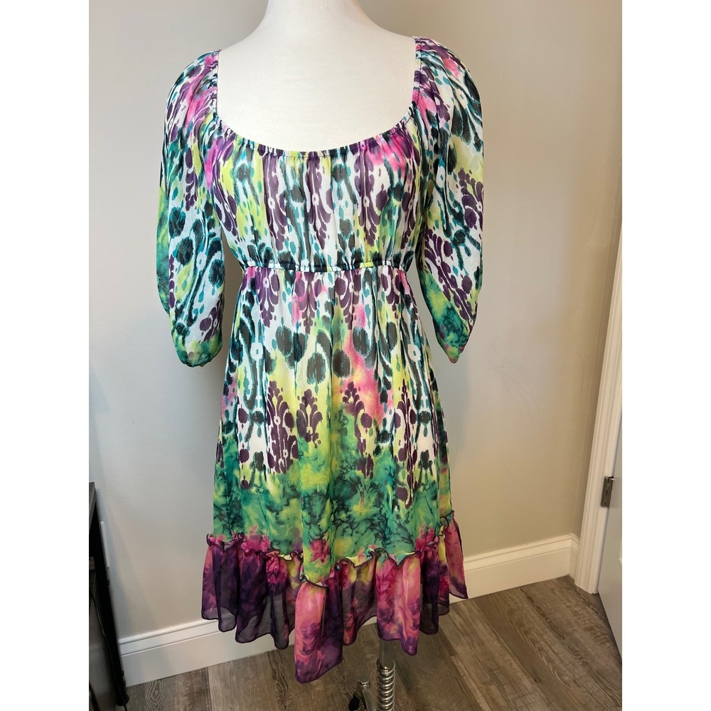 Daytrip Women Boho Abstract Print Sheer Sleeve Dress M Ruffle Hem Tropical